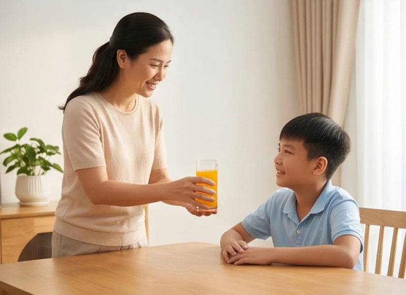 Người mẹ cẩn thận cho bé trai uống nước cam để tăng cường sức đề kháng