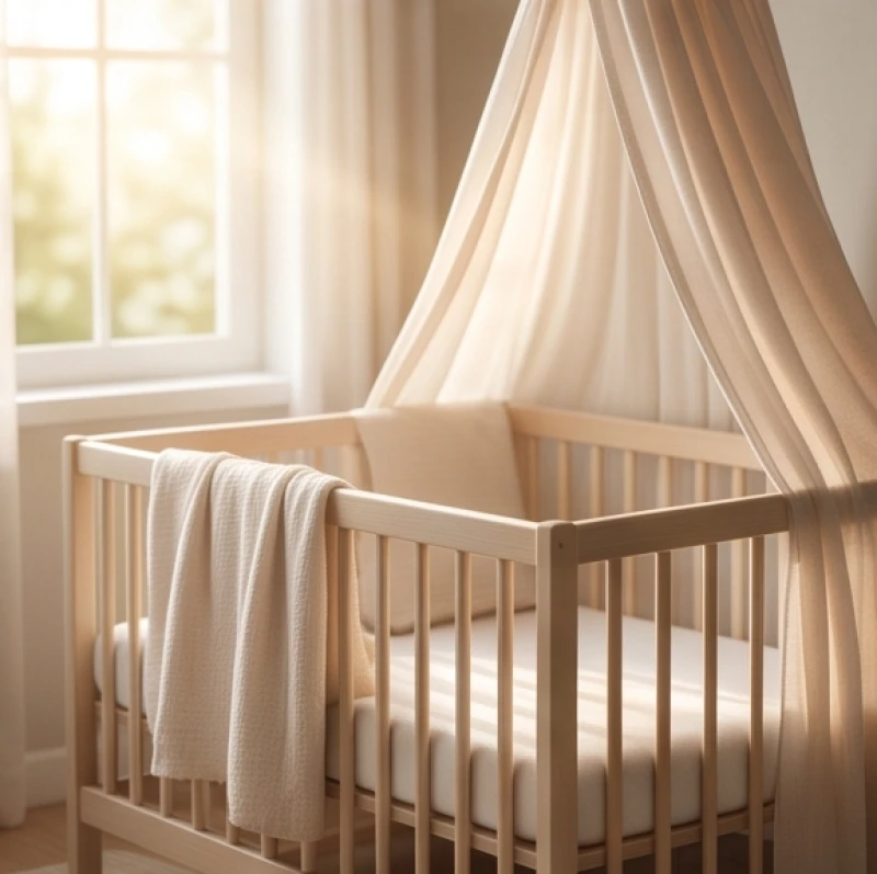 Chiếc nôi trẻ em được trải sẵn những lớp chăn bông êm ái ở không gian phòng ngủ thoáng đãng