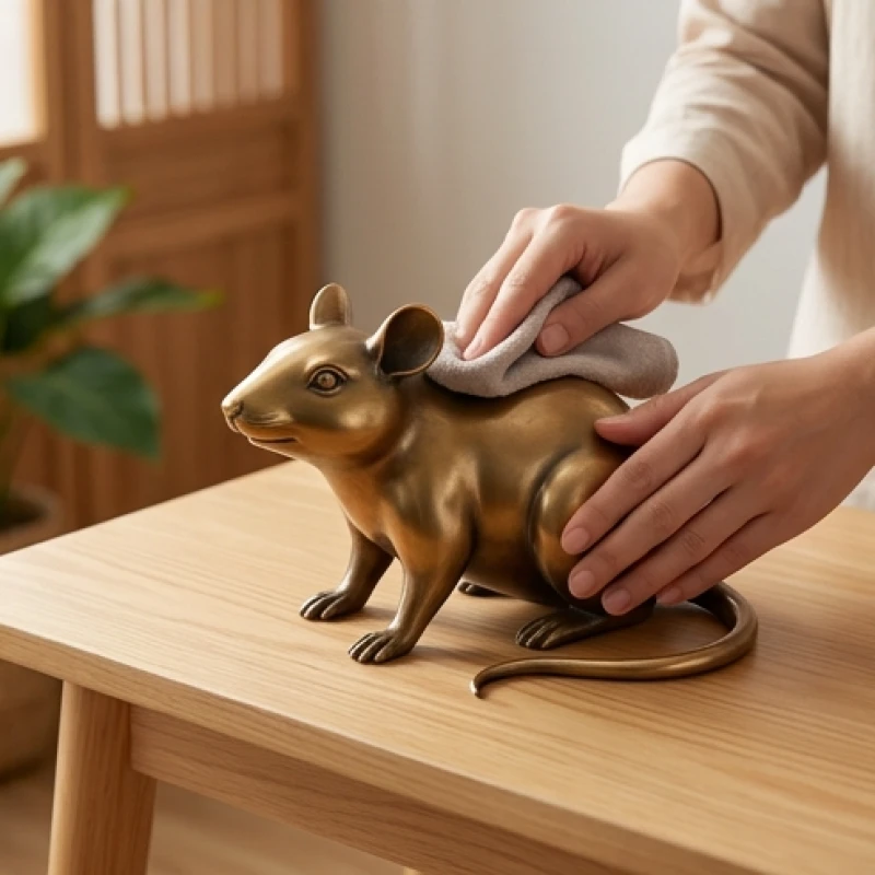 Đôi tay nhẹ nhàng dùng khăn mềm lau sạch lớp bụi trên bề mặt tượng chuột bằng đồng để giữ sinh khí