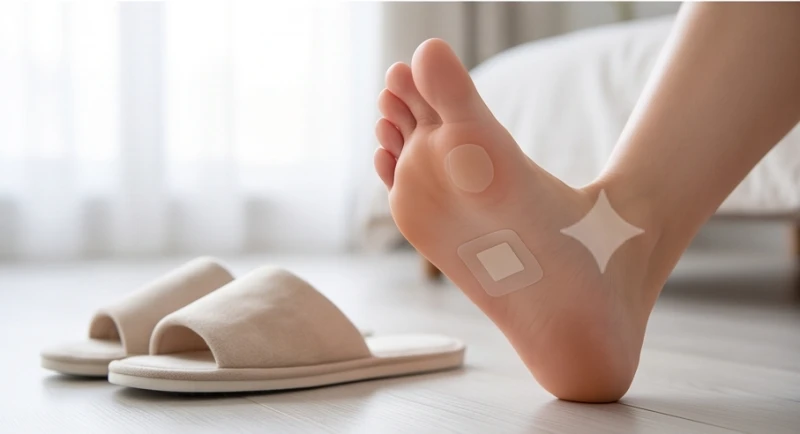Bàn chân được dán miếng băng y tế nhỏ bảo vệ vùng da vừa can thiệp laser