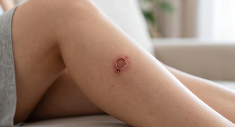 Bắp chân sau khi tẩy nốt ruồi đang trong giai đoạn đóng vảy khô tự nhiên và chờ hồi phục