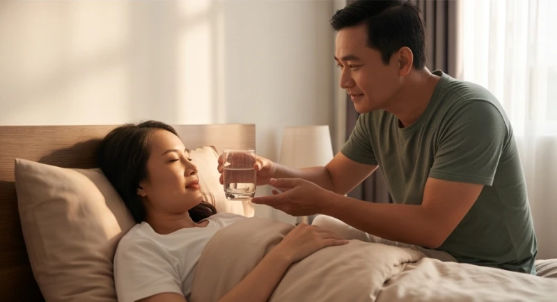 Người chồng chu đáo mang một ly nước ấm đến cho vợ khi cô ấy vừa thức dậy trên giường