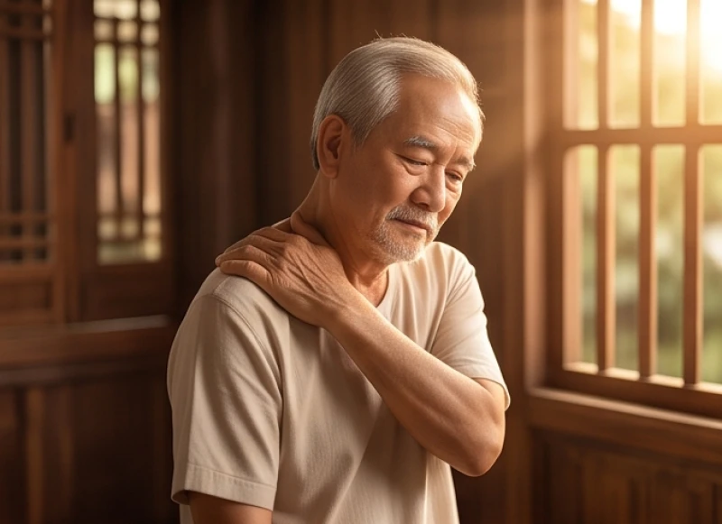 Người cao tuổi thư giãn xoa bóp vai gáy để giảm nhức mỏi xương khớp