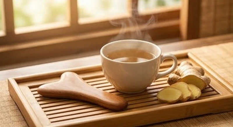 Một tách trà thảo mộc ấm nóng và dụng cụ xoa bóp bằng gỗ giúp chăm sóc sức khỏe xương khớp