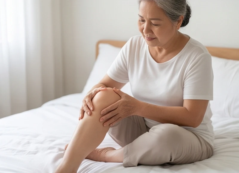 Người phụ nữ xoa bóp khớp gối để giảm đau nhức xương khớp thường gặp ở tuổi lục tuần