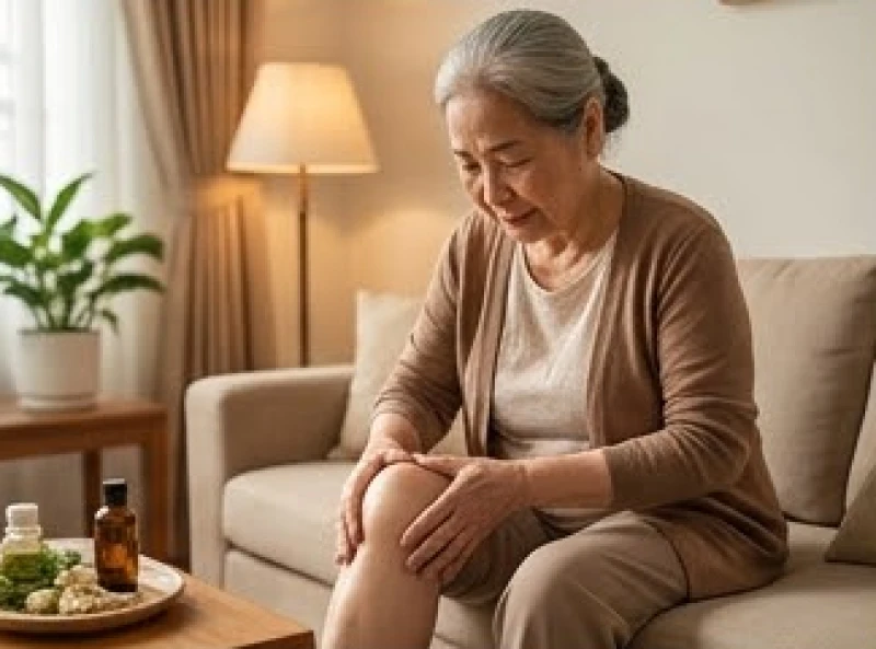 Người phụ nữ xoa bóp đầu gối bằng tinh dầu thảo mộc để giảm đau nhức do thời tiết
