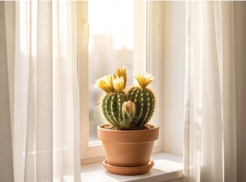 Chậu xương rồng đặt cạnh bệ cửa sổ ngập tràn ánh sáng giúp những cánh hoa giữ được sắc tươi tắn và lâu tàn hơn