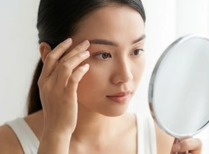 Người phụ nữ soi gương và xem xét vùng chân mày phải bị ngứa ngáy
