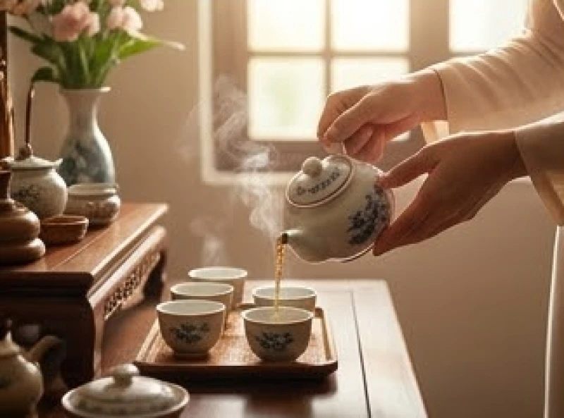 Gia chủ rót trà mạn vào các chén kỷ nhỏ trên ban thờ trước khi bắt đầu thắp hương hành lễ
