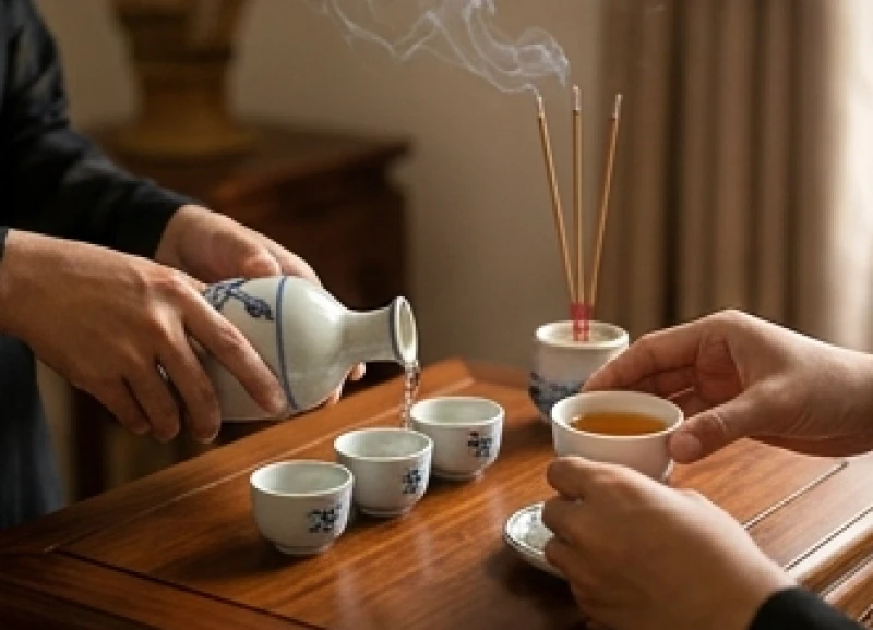 Người chủ lễ châm thêm trà và rượu vào ly trên bàn cúng trong lúc đợi tàn nhang