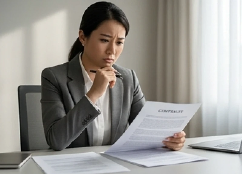 Người quản lý trầm ngâm rà soát lại các điều khoản hợp đồng bị trì hoãn do ảnh hưởng của biến động công việc