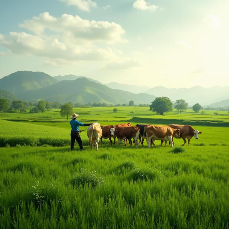 Chăn bò trên đồng cỏ xanh