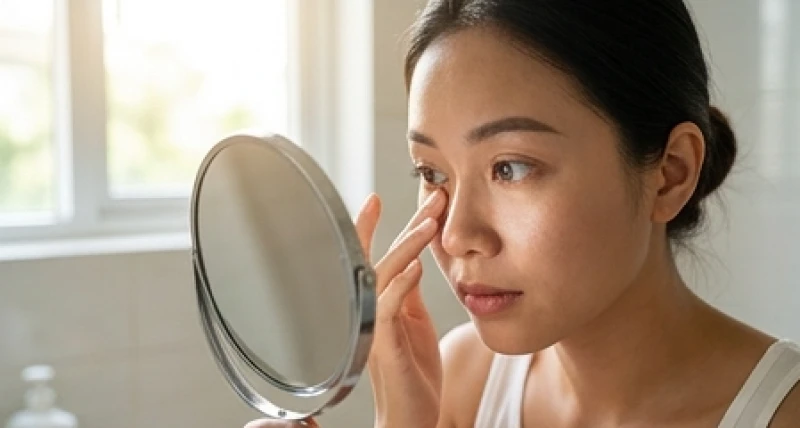 Người phụ nữ dùng gương tay để quan sát tình trạng nhãn cầu và mí mắt phải