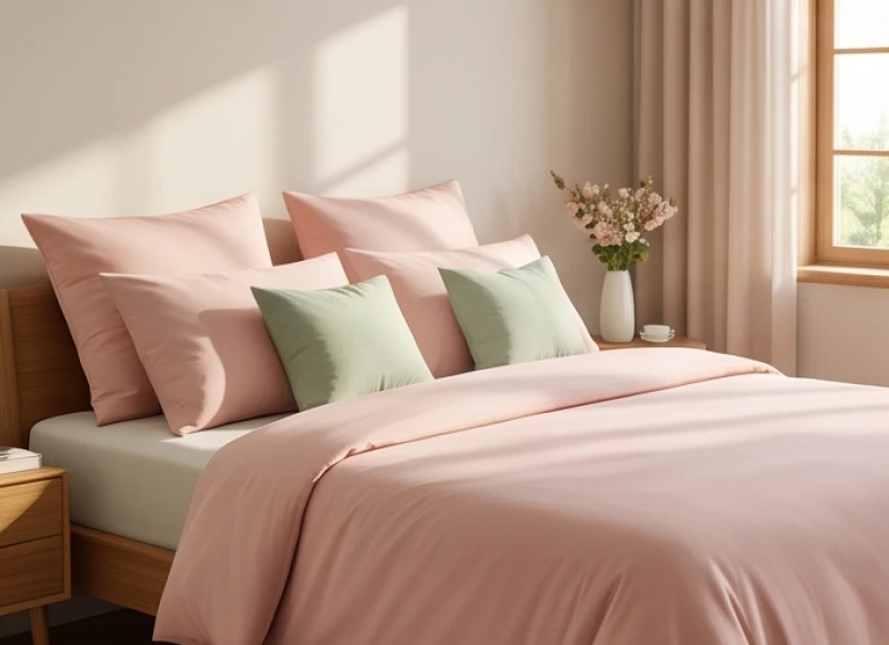 Bộ chăn ga gối đệm màu hồng pastel nhẹ nhàng tạo không gian tĩnh lặng và thư thái cho phòng ngủ
