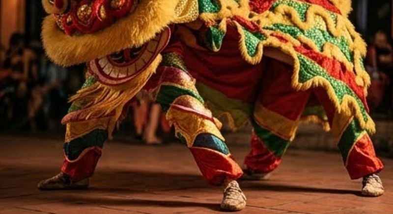 Mơ thấy múa lân: Điềm báo, số tài lộc và cách hóa giải 2 Chân người biểu diễn lộ ra dưới lớp vải lông của bộ trang phục múa lân truyền thống khi đang nhào lộn
