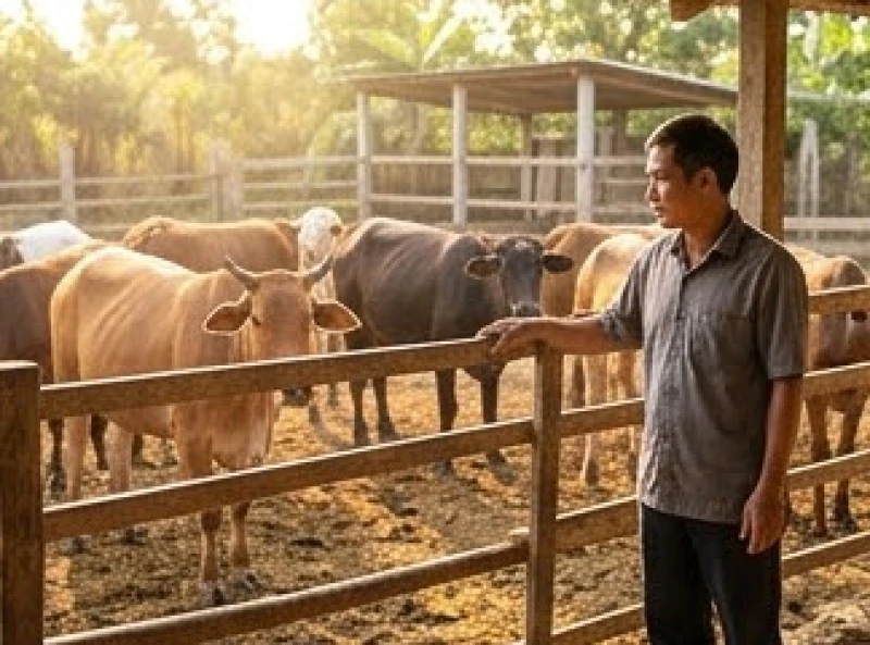 Văn khấn cầu chăn nuôi thuận lợi: Bài khấn chuẩn theo từng vật nuôi 2 Đàn trâu bò khỏe mạnh đang ăn cỏ trong khu vực chuồng trại rộng rãi và ngập tràn ánh nắng buổi sáng
