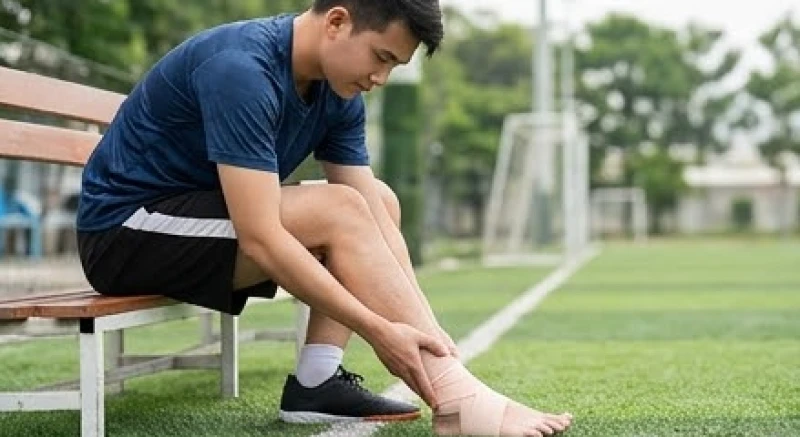 Thanh niên đang dùng tay xoa bóp vùng cổ chân bị sưng tấy sau khi gặp chấn thương do chơi thể thao cường độ cao