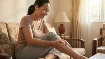Người phụ nữ ngồi ôm bắp chân trái xoa bóp nhẹ nhàng trên ghế sofa để làm dịu cơn co giật