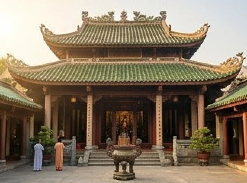 Không gian chánh điện Miếu Bà Chúa Xứ uy nghiêm với kiến trúc mái ngói xanh vào buổi sáng sớm
