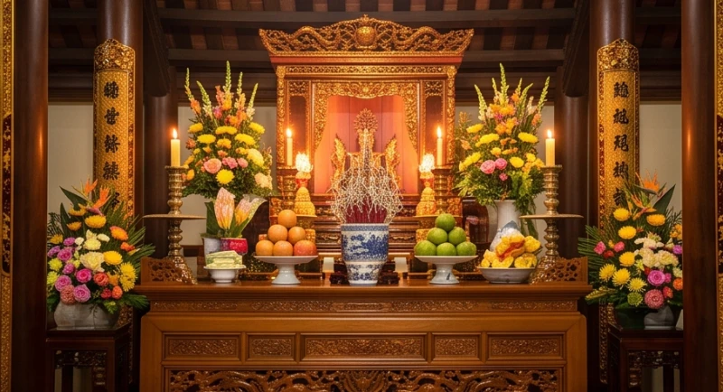 Không gian thờ tự trang nghiêm bên trong chánh điện miếu Bà Phi Yến với đèn hoa rực rỡ