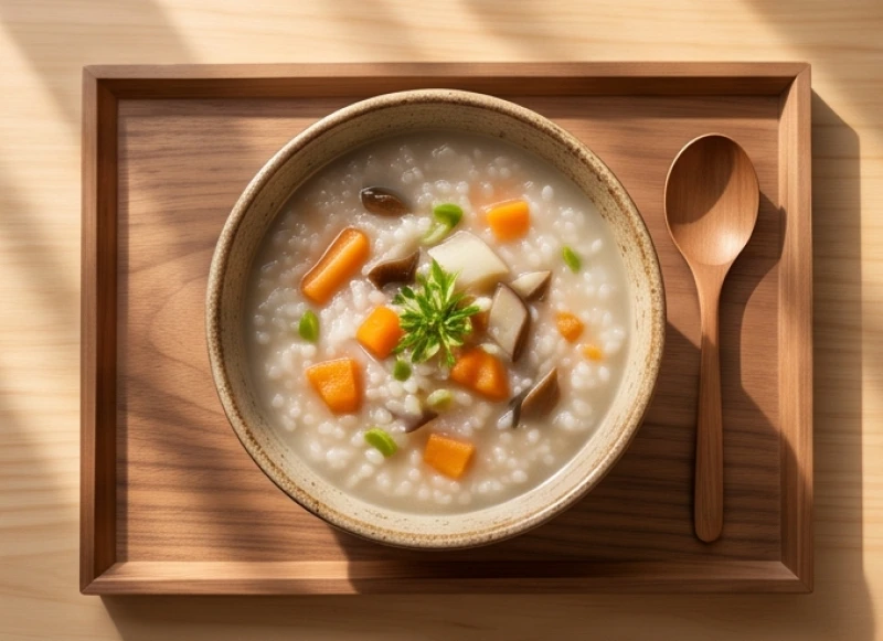 Bát cháo hầm củ quả nóng hổi và thanh đạm, giúp bồi bổ dạ dày cho người cao tuổi mệnh Bạch Lạp Kim