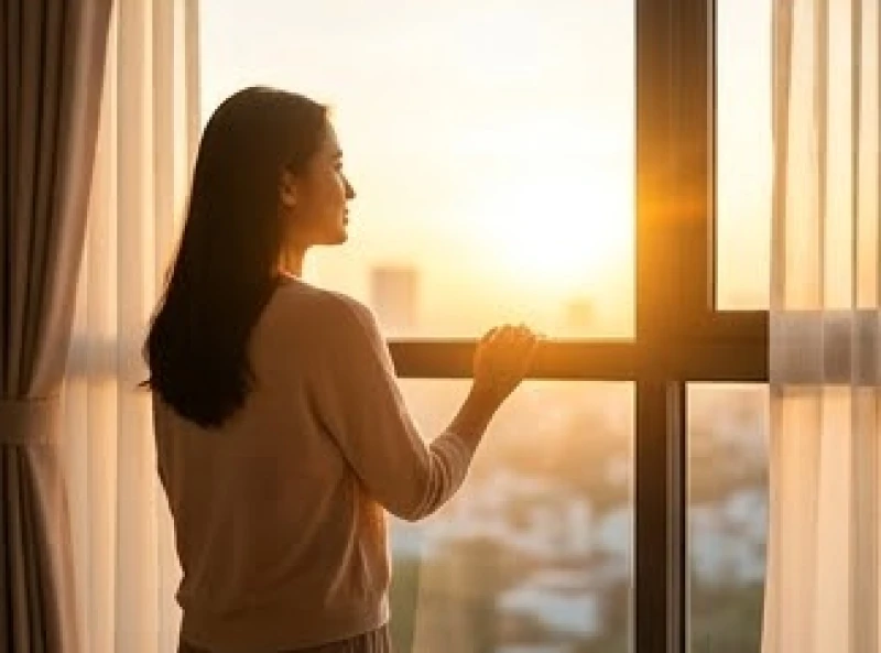 Người phụ nữ đứng trước cửa sổ ngắm nhìn bình minh báo hiệu một khởi đầu hoàn toàn mới