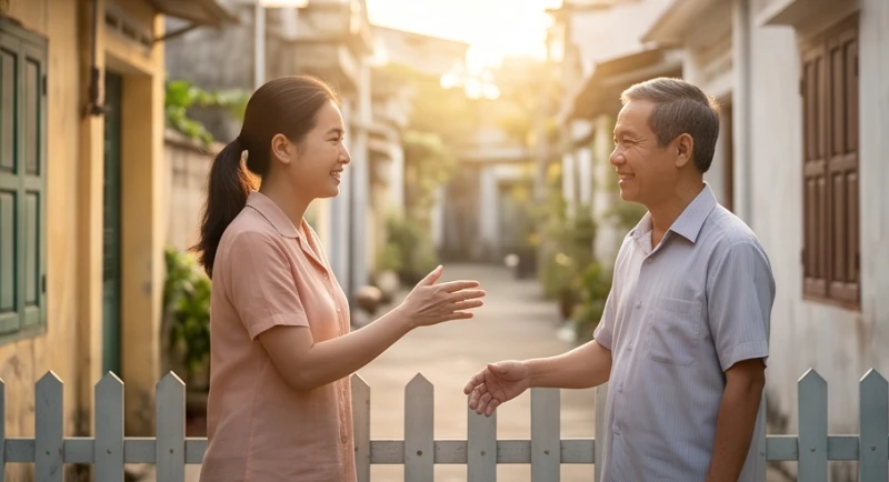 Hai người hàng xóm tươi cười chào nhau qua hàng rào vào buổi sáng sớm