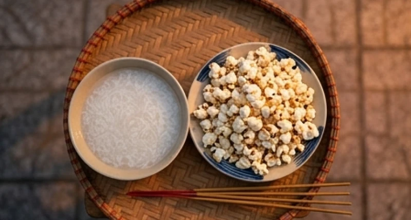 Bát cháo trắng nấu loãng cắm đũa và đĩa bỏng nẻ dân dã dâng cúng chúng sinh trong dịp rằm tháng 7