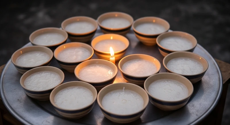 Văn khấn cúng thí thực hàng tháng: Bản chuẩn Phật giáo tại gia 3 Mười hai chén cháo trắng nấu loãng không nêm nếm gia vị được xếp ngay ngắn trên mâm lễ cúng mùng hai và mười sáu