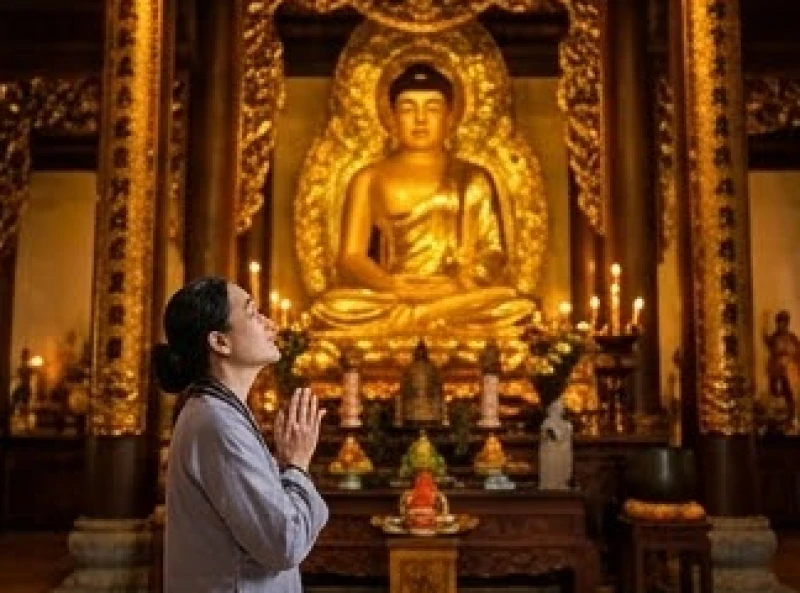 Người hành lễ đứng trang nghiêm chắp tay vái lạy trước tượng Phật uy nghi tại ban Tam Bảo