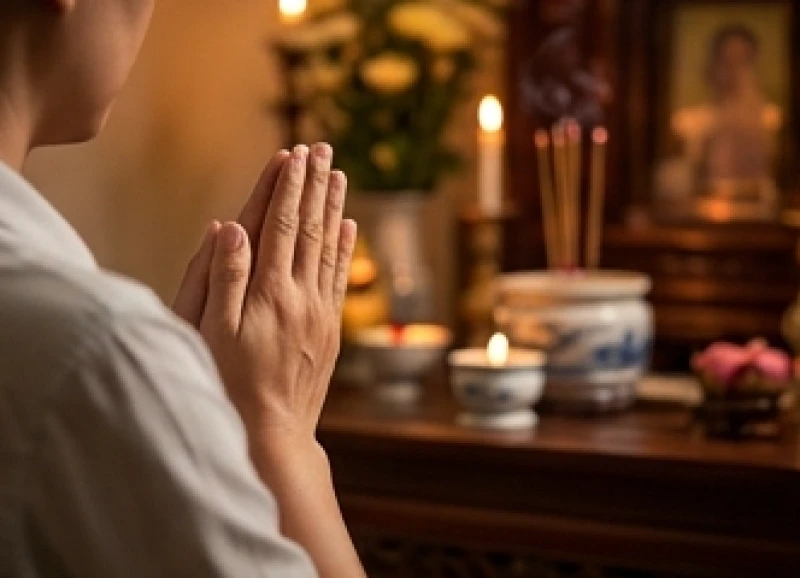 Người chủ lễ chắp tay ngang ngực và giữ tâm tĩnh lặng trước khi cất tiếng đọc văn khấn Bác Hồ