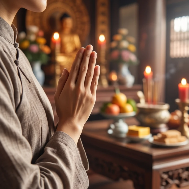 Văn khấn Đức Thánh Hiền tại chùa: Bài cúng chuẩn và sắm lễ chay 12 Đôi bàn tay chắp lại thành hình búp sen đặt trước ngực khi đứng lạy cung kính trước tượng phật từ bi
