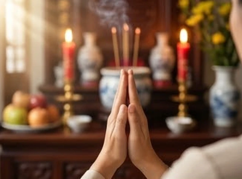 Cận cảnh đôi bàn tay chắp hình búp sen thành kính hướng về ban thờ tổ tiên gia tộc