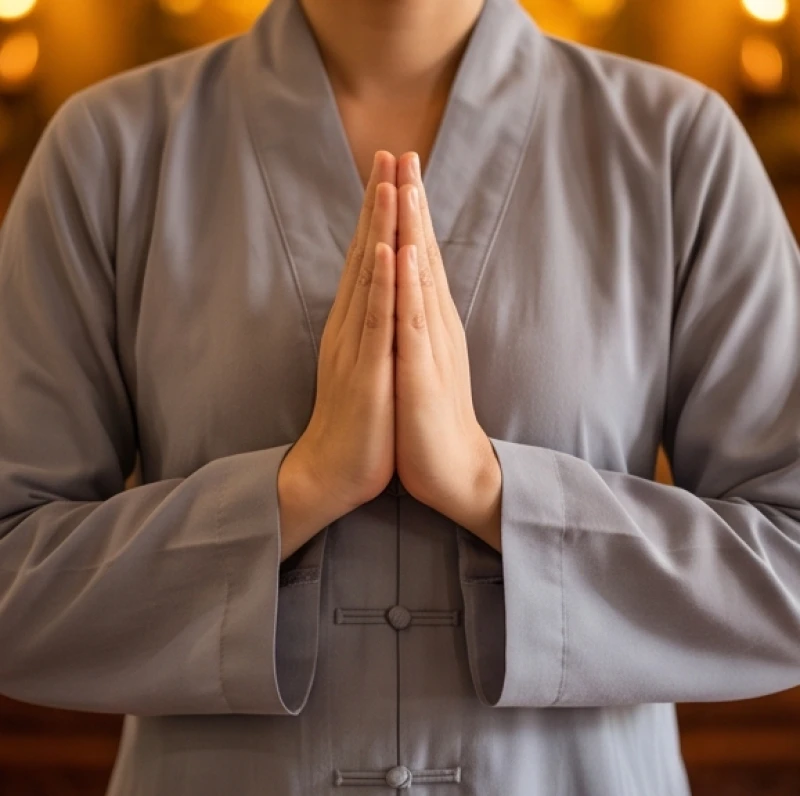 Hai bàn tay khép hờ tạo hình búp sen chưa nở đặt ngay ngắn trước ngực của người hành hương đang thành tâm tĩnh lặng