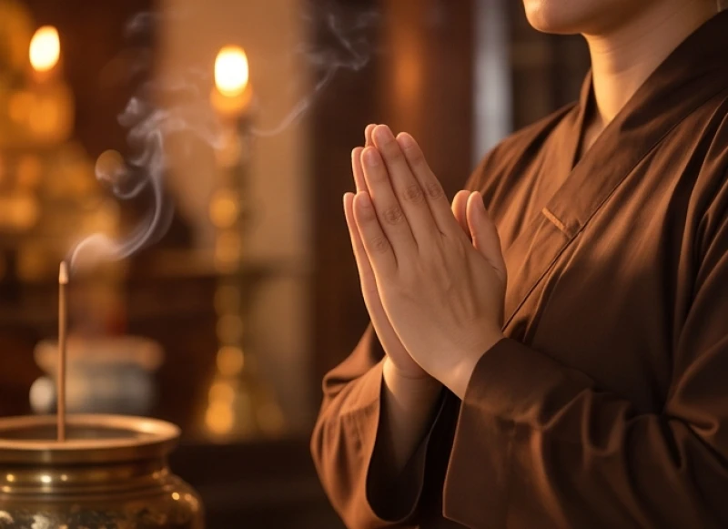 Đôi bàn tay chắp lại thành hình búp sen đặt ngay ngắn trước ngực khi đọc bài văn khấn Phật Bà Quan Âm tại chùa
