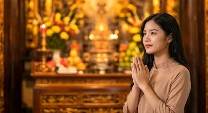 Văn khấn Đền Mẫu Hưng Yên: Bài cúng chuẩn và trình tự 3 ban 7 Người phụ nữ thành tâm chắp tay cầu nguyện sức khỏe và sự bình an cho gia đạo trước không gian linh thiêng