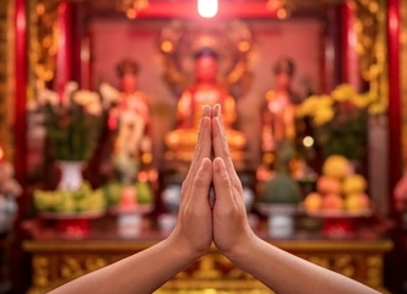 Gia chủ chắp tay hình búp sen, thành tâm tĩnh lặng trước ban thờ uy nghi trong đền