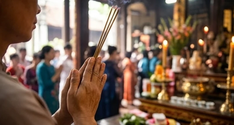 Tín chủ chắp tay thành kính khấn vái nhẩm trong không gian đền Sòng Sơn đông đúc