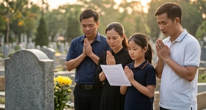 Không gian tĩnh lặng khi gia quyến chắp tay thì thầm đọc văn khấn tại mộ liệt sĩ của gia đình