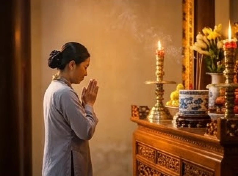 Văn khấn Đức Thánh Tản Viên: Sắm lễ chuẩn và bài khấn các ban 7 Người đi lễ chắp tay ngang ngực thành kính cầu nguyện trước án thờ Đức Thánh Tản Viên