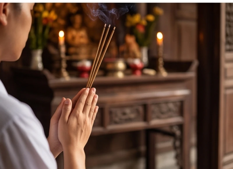 Văn khấn cầu thi cử: Trọn bộ lễ vật và bài khấn đúng nghi thức 9 Sĩ tử chắp tay cung kính dâng nén hương trước án thờ Thánh nhân