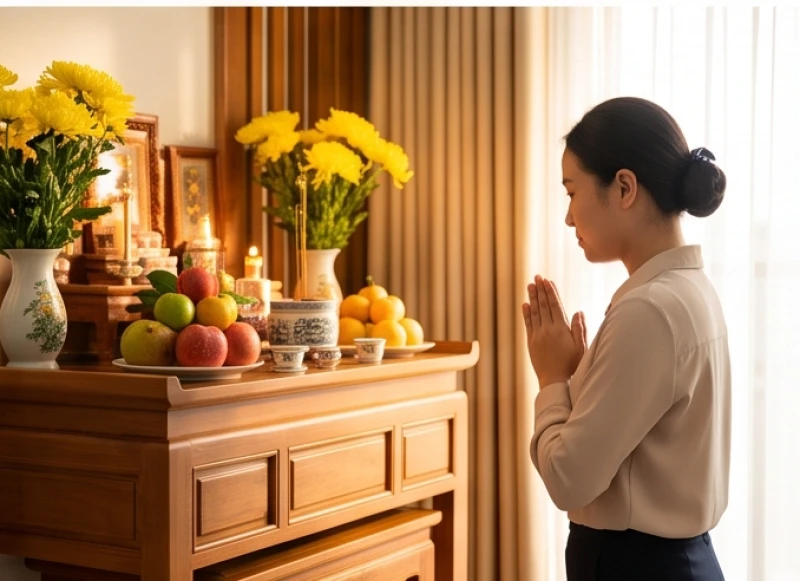 Nam gia chủ trang phục chỉnh tề đứng chắp tay ngang ngực đọc bài khấn với thái độ cung kính tôn nghiêm