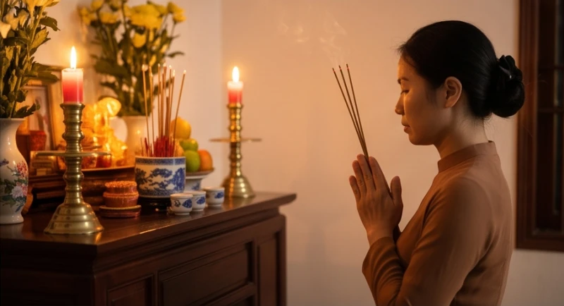 Người đàn ông mặc áo sơ mi chỉnh tề chắp tay thành kính đọc lời khấn tạ ơn trước ban thờ gia tiên.