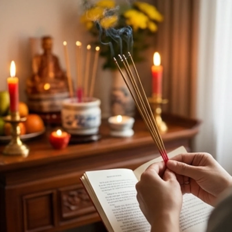 Người làm lễ chắp tay đứng nghiêm trang trước bàn thờ gia tiên để đọc bài cúng cẩn cáo Táo quân