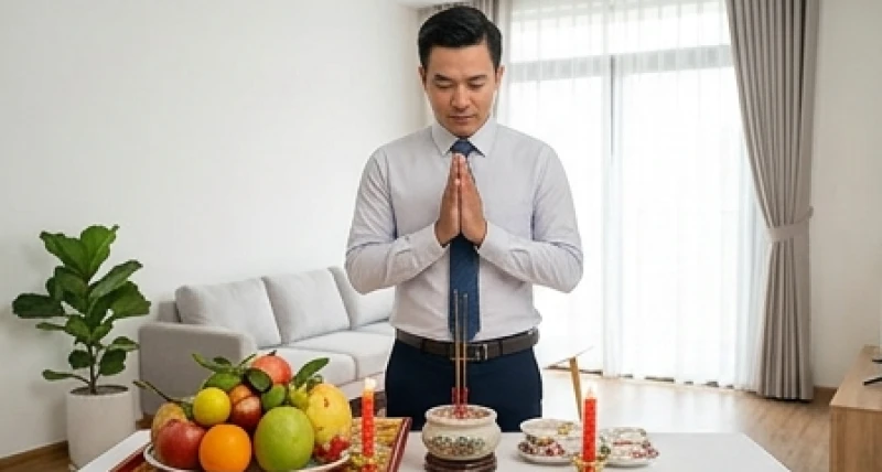 Người đàn ông ăn mặc chỉnh tề, đứng chắp tay trang nghiêm trước mâm cúng đọc bài khấn nhập trạch