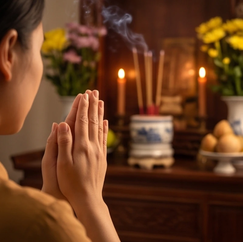 Người cha chắp tay trang nghiêm thành kính đứng trước ban thờ đọc bài văn khấn trình gia tiên