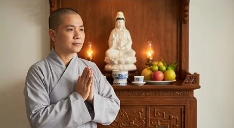 Văn khấn Phật Bà Quan Âm tại nhà: Trọn bộ bài cúng và nghi thức 6 Người hành lễ mặc áo tràng lam, chắp tay thành kính đọc bài văn khấn Phật Bà Quan Âm tại nhà