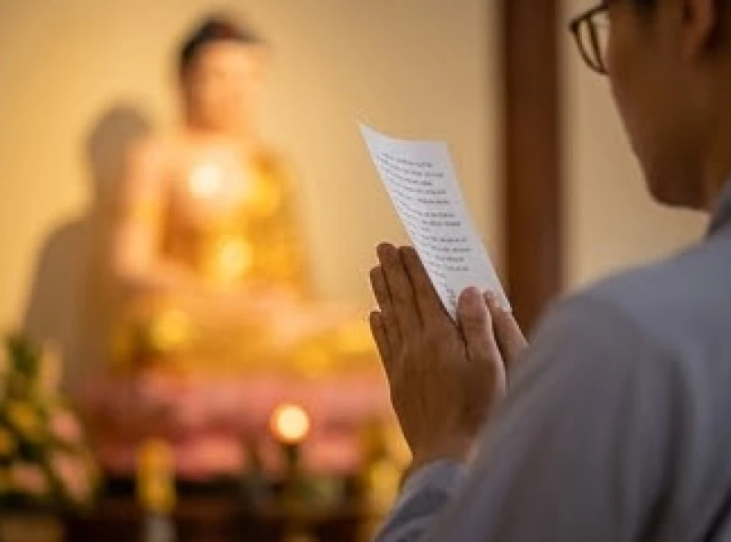 Văn khấn sám hối tại chùa: Trình tự các ban và mâm lễ chuẩn 2 Tín chủ chắp tay búp sen ngang ngực thành tâm đọc bài văn khấn sám hối tại chùa