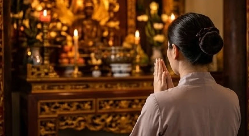 Văn khấn Vua Cha Bát Hải: Bản đầy đủ, rút gọn và quy trình hành lễ 7 Người đi lễ chắp tay thành kính khấn vái trước ban thờ uy nghi trong ánh sáng đèn nến rực rỡ