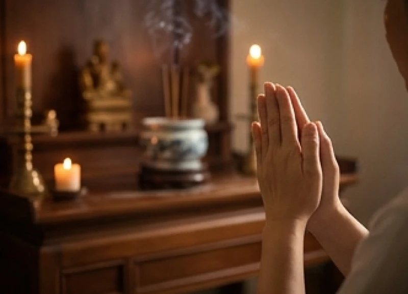 Văn khấn Thổ Công ngày rằm: Bài cúng chuẩn và quy trình hạ lễ 6 Người hành lễ chắp tay thành kính trước ngực khi đọc bài văn khấn trước bàn thờ tổ tiên và thần linh